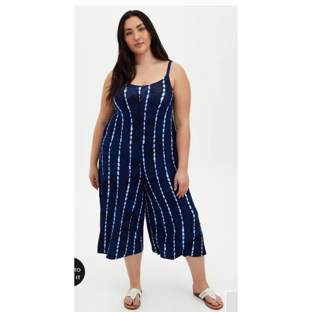 Torrid Super Soft Navy Blue Tie Dye Stripe Culotte Jumpsuit Wide Leg Size 1 Plus